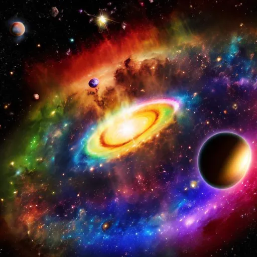 Prompt: rainbow galaxy with planets and the elements inside 