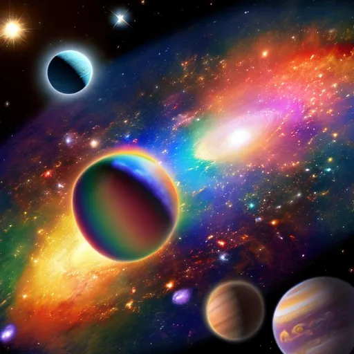 Prompt: rainbow galaxy with planets and the elements inside 