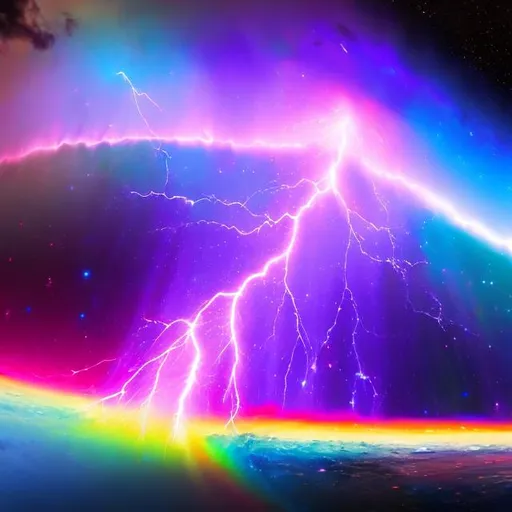 Prompt: Lightning watery galaxy coming off of a rainbow planet 