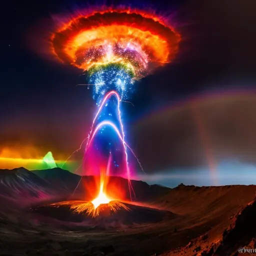 Prompt: rainbow volcano shooting out blue galaxy and red lightning