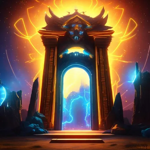 Prompt: golden portal with blue and neon blue effects and dark background behind it