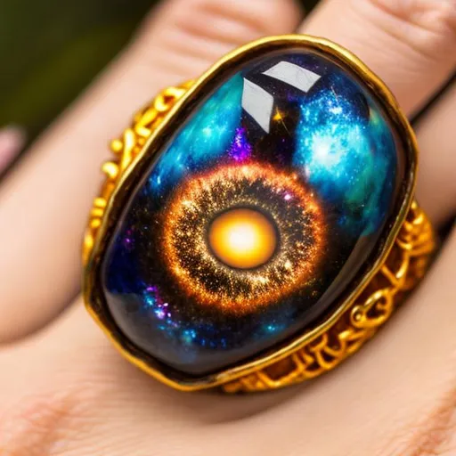 Prompt: Golden portal ring with galaxy inside and water and fire spining around inside the portal with cosmic energy on the outside