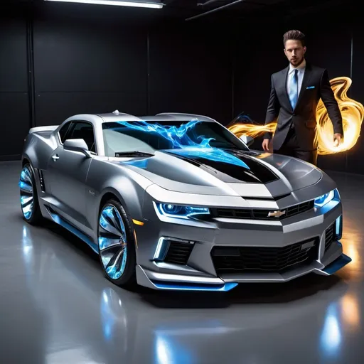 Prompt: futuristic Camero with lightning waves and platinum diamond body and shining fully functional shiny ipad for a interior and blue flaming hoverwheels 