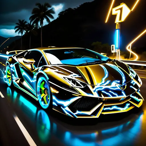 Prompt: ultra realistic 1 sextillion dollar Lamborghini with platinum diamond exterior and futuristic gold colord wheels and neon blue and yellow lightning waves swirling around the car on a highway in a 1 billion dollar island