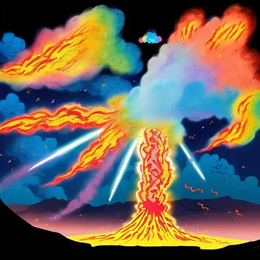 Prompt: volcano shooting  rainbow colored fire and water and air collision and cotton candy meteors shooting out of the lava