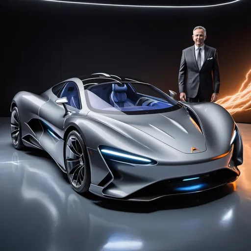 Prompt: 2024 mclaren speed tail with futuristic platinum diamond exterior and hover white seats in the interior of the futuristic car with lightning waves going over the car