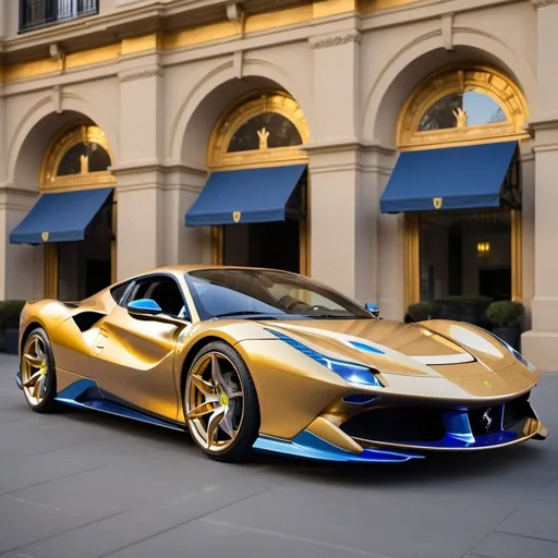 Prompt: Ferrari SF90 Stradle hybrid with platinum flaming gold aura around the car and blue flaming hover wheels with a shining exterior of platinum diamond and shining windows of gold 