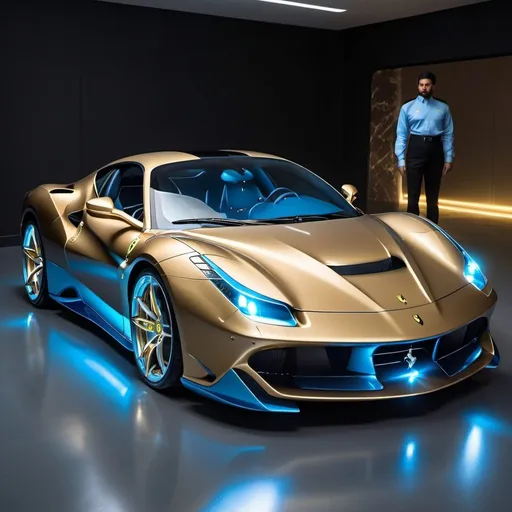 Prompt: futuristic Ferrari with platinum blue exteriors and diamond gold hover wheels and shining windows with fully functional glowing lights on the car with a diamond bluish gold light shining down on the car