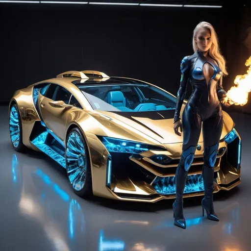 Prompt: 1 gigbillion lexica futuristic car with firery wheels and platinum blue and tel golden aura wheels aith a diamond blue exteriors and a fully functional minigun/flamethrowers blowing blue fire and lasers on top