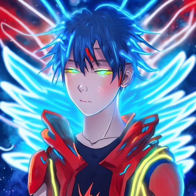 Prompt: Fiery red magneta blue neon blue and yellow wings on a anime boy with neon blue Galaxy around it