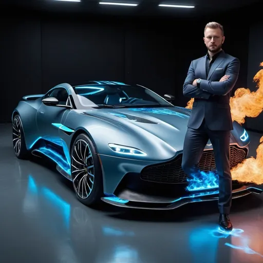 Prompt: Aston Martin Valhalla with platinum blue diamond exterior and blue fire aura with lightning waves going over the blue flaming tires and hover futuristic particles around the car in a top secret base room