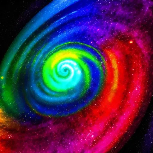 Prompt: Rainbow ultra realistic swirl with ultra realisitic blue and red galaxy around an golden egg