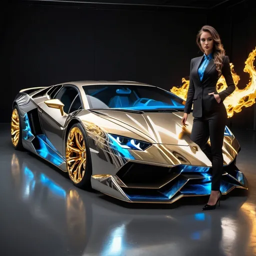 Prompt: concept Lamborghini supercar with flaming blue fire wheels and lightning waves around it with platinum diamond gold exterior and golden wheels
