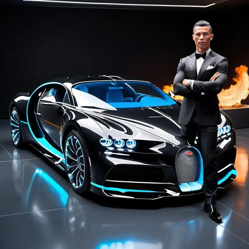 Prompt: Bugatti la voiture noire with platinum diamond neon blue exterior and flaming blue hover pads on the bottom with a shining fully functional window seat and christiano Ronaldo standing next to the amazing glowing car