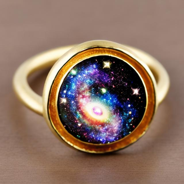 Prompt: golden ring with a galaxy like rainbow colored aura around it