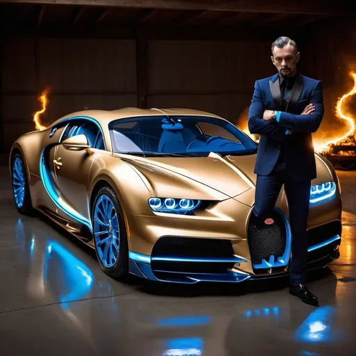 Prompt: Bugatti centodiieci with lightning waves going over it and a diamond gold body and glowing platinum blue headlights with blue fire flaming tires and a fiery eletric aura coming from the car in a gold house in the background on a deserted background (no owners)