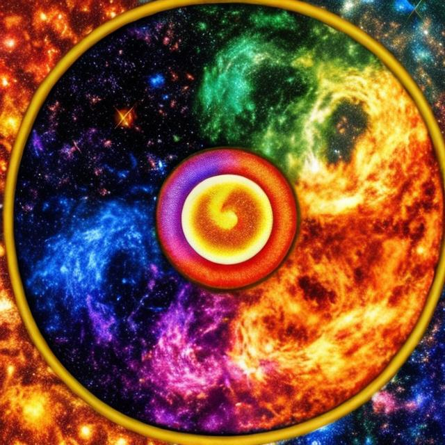 Prompt: rainbow color water and fire moving together in a circle with galaxy in the background but they are moving together like yin and yang