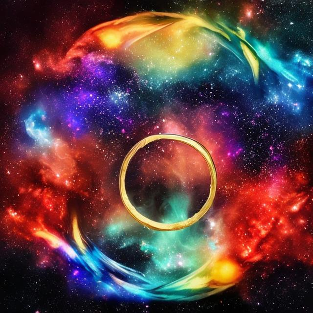 Prompt: fire and water and air in the middle with galaxy and golden rings in the middle as well