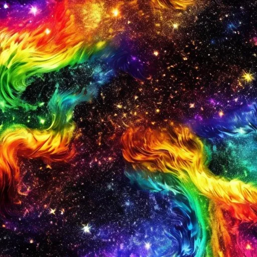 Prompt: Fire. Water. Rainbow. Galaxy. with cosmic stars and golden rainbow swirls