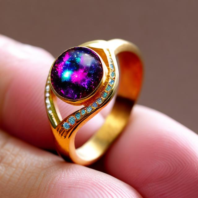 Prompt: golden ring with a galaxy like rainbow colored aura around it