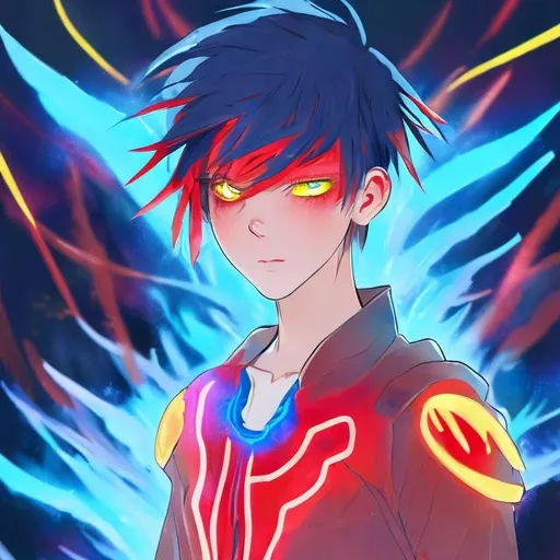 Prompt: Fiery red magneta blue neon blue and yellow wings on a anime boy with neon blue Galaxy around it