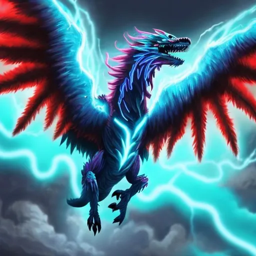 Prompt: Neon blue red griffin with NEon blue rocks coming out of its wings and Neon SFX green talons and Red lightning coming around it non scary with no pointy sharp teeth