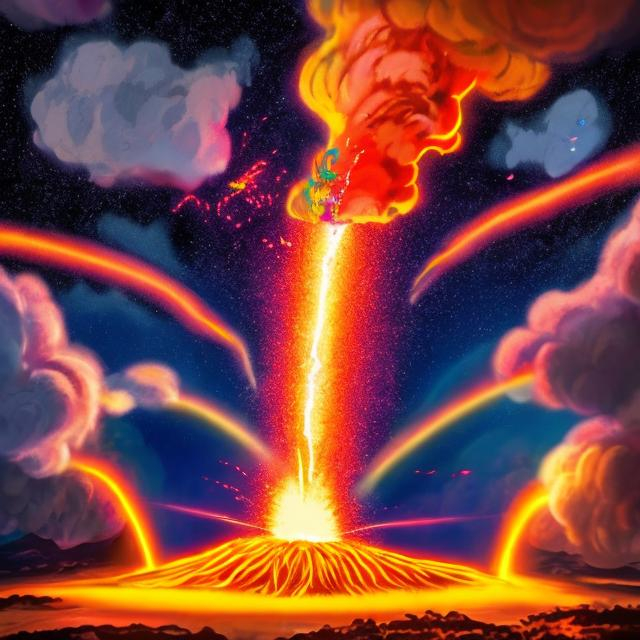 Prompt: volcano shooting  rainbow colored fire and water and air collision and cotton candy meteors shooting out of the lava