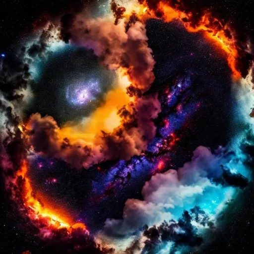Prompt: fire and water and air going together in a circle with clouds above and galaxy in the middle 