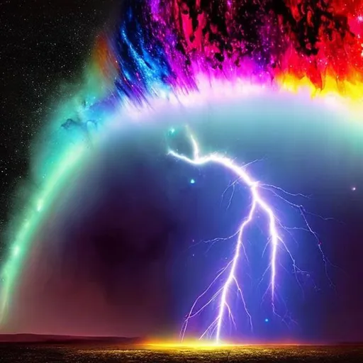 Prompt: Lightning watery galaxy coming off of a rainbow planet 