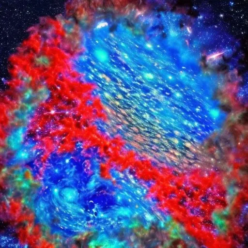 Prompt: cloud and earth in a galaxy full of neon blue and red with galaxy in the middle of the collision that will be happening when the blue and red collide and cosmic stars will come out of a laser coming from earth