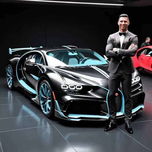 Prompt: A Bugatti divo with christiano Ronaldo and messi. please and thank you and make the colors red and white and black