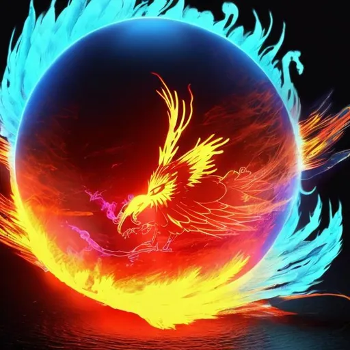 Prompt: fire water and earh elemental bird with Neon blue air in the shapee of a sphere around it and glowing neon white eyes and water aura around its wings