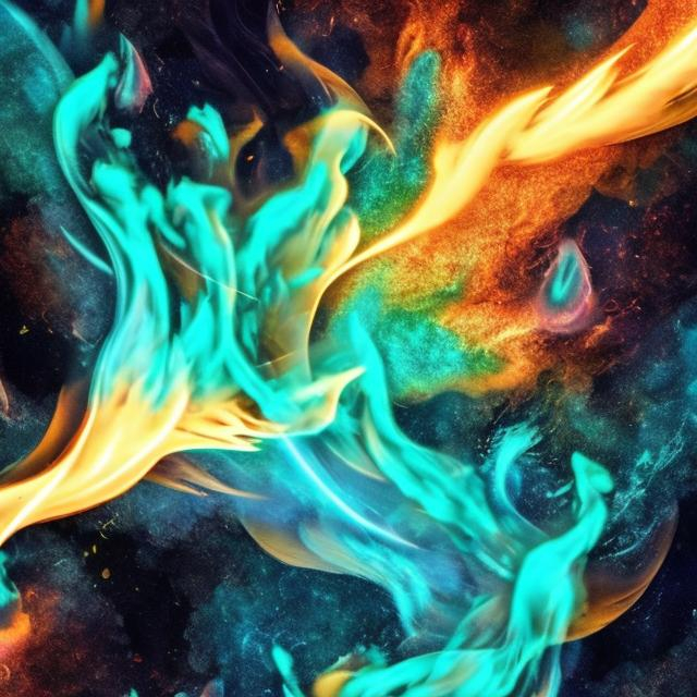 Prompt: Teal annd neon blue fire and water swirling around inside a golden galaxy