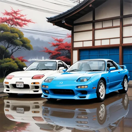 Prompt: japanese style painting of a 1995 white mazda rx-7 and a blue 1996 nissan 180sx type x beside each other