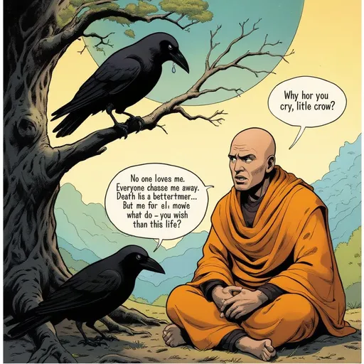 Prompt: A sad crow sits on a tree branch, tears falling.

A  monk sitting under the tree, surprised as a tear lands on his cheek.
(Monk: “Why are you crying, little crow?”)

Crow explains, looking distressed.
(Crow: “No one loves me. Everyone chases me away… Death is better than this life!”)

The monk comforts the crow.
(Monk: “Happiness lies in contentment. But tell me—what do you wish to be?”)