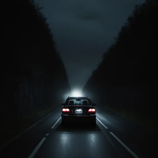 Prompt: car driving down a dark scaring road