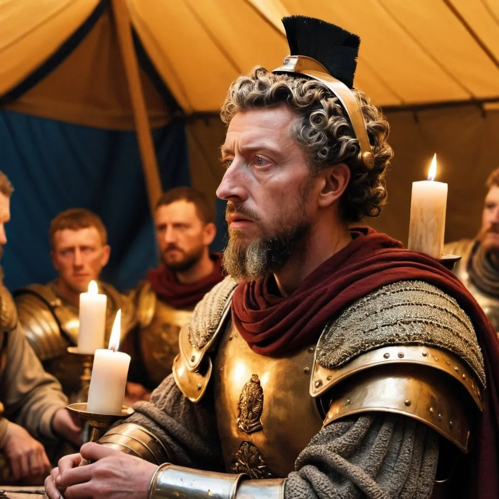 Prompt: A close up picture of Marcus Aurelius in full battle gear listening intently to one of his generals as they prepare for war. There are only the 2 of them in a tent lit up with candles.
