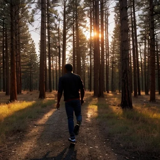 Prompt: A man African American in his mid 20s in a pine forest walking towards sunset with a black jeans a brown t-shirt and a black leather jacket smile in a cinematic way 
