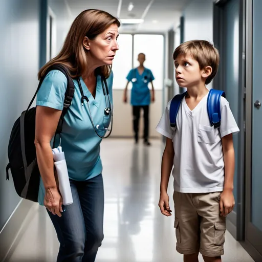 Prompt: a worried mom with her 7 year old boy who is sick arriving to the doctor

