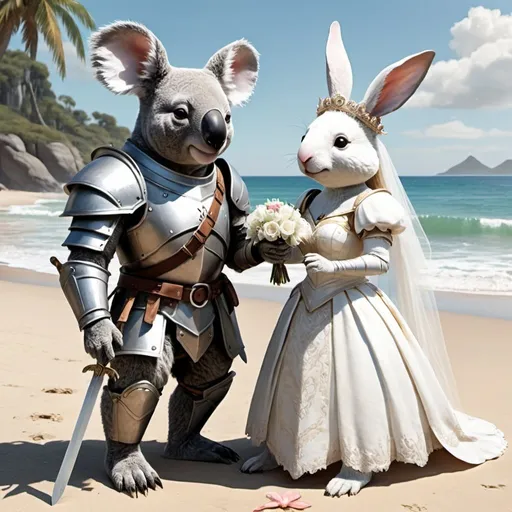 Prompt: an The Elder Scrolls style koala knight and a white rabbit princess getting married on beach
 