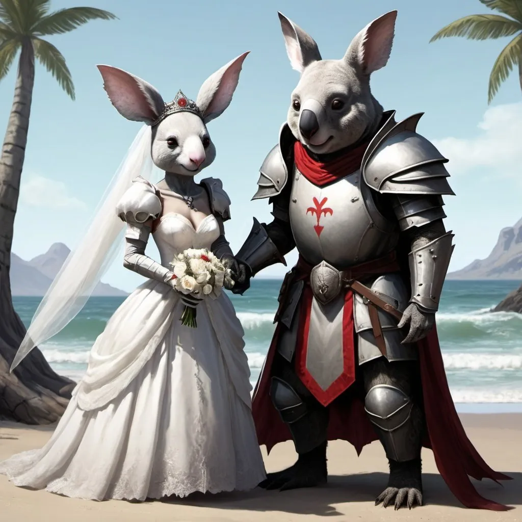 Prompt: an The Elder Scrolls style koala knight and a white rabbit princess like The Elder Scrolls charactar the vampire Serana  getting married on beach
 