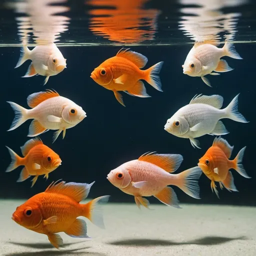 Prompt: Create a picture of 5 fish in the same picture. All of them were sick with white spot disease. 