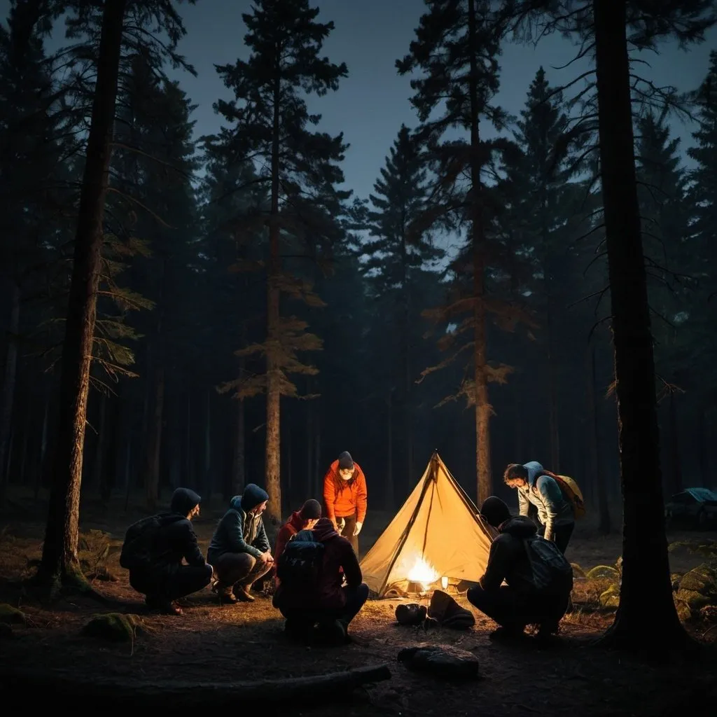 Prompt: A group of friends setting up camp in a dark, foreboding forest.