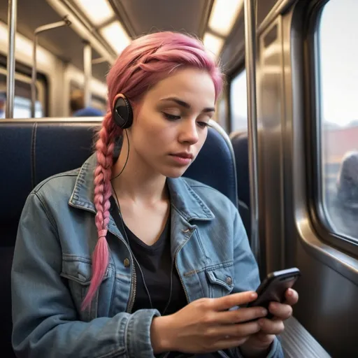 Prompt: Hyper-realistic Entertainment on the Go
Subject: A young American woman engrossed in her smartphone while commuting on a train.

Style: Hyper-realistic

Lighting: Soft, warm light filtering in through the train window.

Train Details:

Clean and modern train interior with plush blue seats and large windows.
A few other passengers are visible in the background, some reading, others lost in thought.
Woman Details:

She is in her early 20s, with vibrant pink hair styled in braids.
She is wearing a stylish bomber jacket over a graphic t-shirt and ripped jeans. Her backpack rests on the seat next to her.
She holds her phone in both hands, thumbs scrolling, with a focused expression and a slight smile playing on her lips.
Earbuds dangle from her ears, suggesting she's listening to music or watching a video.
Phone Details:

The phone is a sleek, modern smartphone with a thin black case.
On the screen, capture a glimpse of the streaming app interface with the playback controls visible (play, pause, rewind, etc.).
Consider showcasing a vibrant album cover or a thumbnail of an engaging video.
Additional Details:

A half-eaten granola bar on a napkin sits discarded on a drink tray beside her, hinting at a busy day.
A reflection of the phone screen and the woman's face can be faintly seen in the train window.
Overall Mood: Capture the immersive experience of consuming entertainment on a smartphone while on the go. The image should be visually appealing with a sense of peace and focus on the woman's enjoyment.