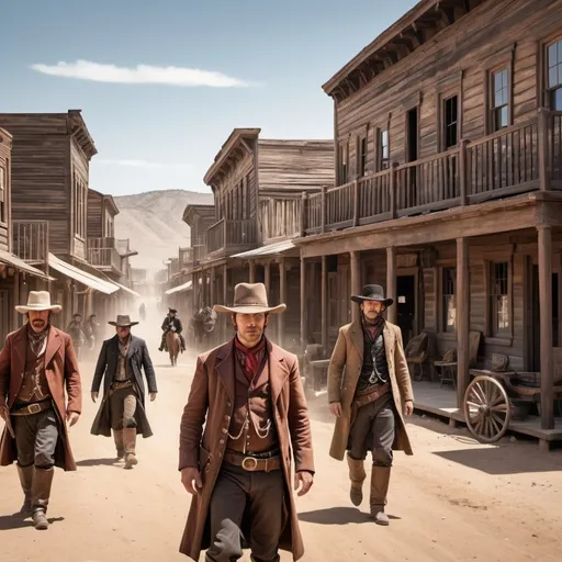 Prompt: Generate a bright image where a Wild West town gazes in astonishment at a 21st-century drone hovering above. Capture the contrast between the rugged, historical setting and the futuristic technology of the drone. Picture the expressions of the townspeople, mixing awe, confusion, and perhaps a hint of fear as they witness this unexpected encounter. Describe the details of the scene, from the dusty streets and old wooden buildings to the wide-brimmed hats and period clothing. Let the clash of eras unfold in this imaginative scenario set in the English language."