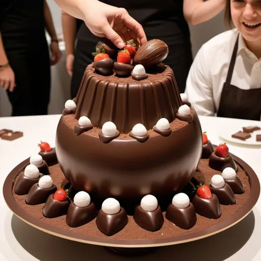 Prompt: A photorealistic image of a decadent chocolate dessert display meant for interactive enjoyment. The centerpiece is a large, semispherical chocolate structure, standing at least three feet tall, that is half-broken open, revealing a rich, molten chocolate core. Inside the chocolate shell, a variety of smaller chocolate treats are hidden, including velvety truffles, crisp cookies, and shards of chocolate bark.

People of various ages are gathered around the display, their faces alight with excitement and anticipation. Some dip skewers of fresh strawberries, plump marshmallows, and crisp wafer sticks into the flowing chocolate, creating a playful and interactive scene. Others use their fingers to scoop up the indulgent chocolate, their hands coated in the velvety goodness.

The overall mood is one of joyous indulgence and a touch of controlled chaos. The scene captures the moment just as the chocolate shell has been cracked open, with tendrils of chocolate dripping down the sides. The lighting is warm and inviting, highlighting the rich chocolate hues and casting a soft glow on the eager faces of the participants. The background is slightly blurred, keeping the focus on the chocolate display and the interactive experience.