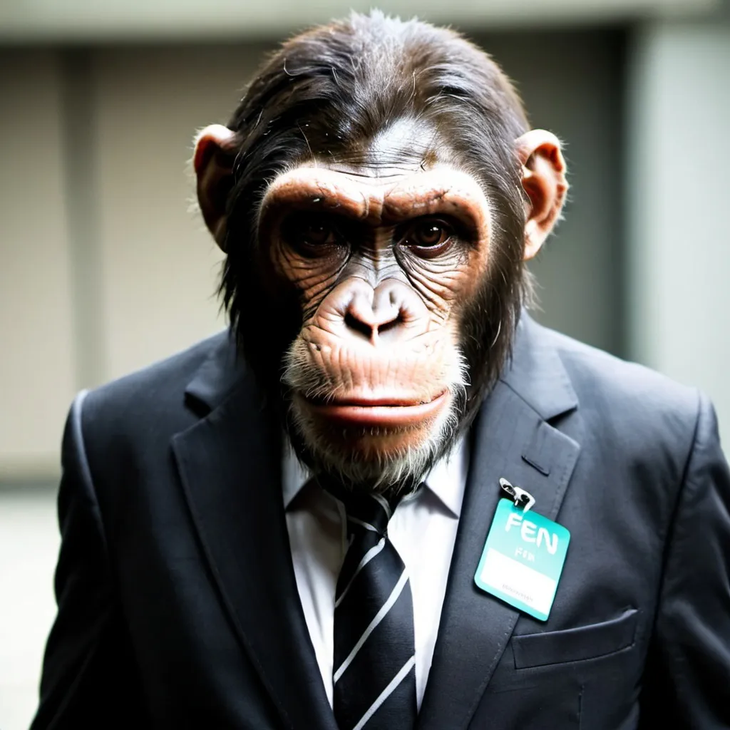 Prompt: Ape in suit, with written nametag "Fen"