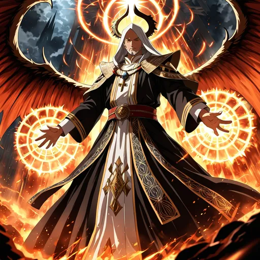 Prompt: Anime artwork of a wise and holy priest cleric, battling demons from hell, intense and focused gaze, detailed robes with intricate patterns, radiant holy aura, dramatic lighting, highres, ultra-detailed, anime, fantasy, intense battle, holy, detailed robes, dramatic lighting, radiant aura, demons, intense gaze