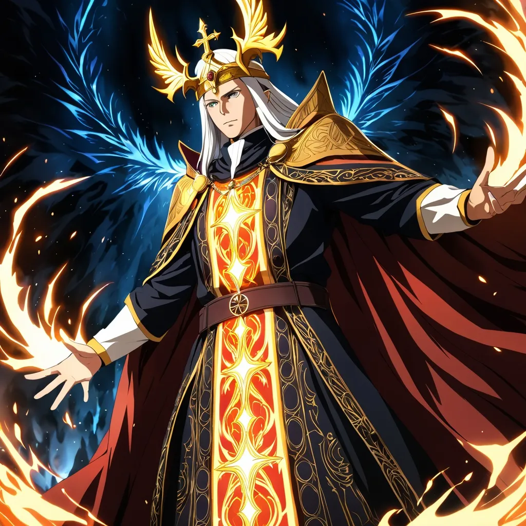 Prompt: Anime artwork of a wise and holy priest cleric, battling demons from hell, intense and focused gaze, detailed robes with intricate patterns, radiant holy aura, dramatic lighting, highres, ultra-detailed, anime, fantasy, intense battle, holy, detailed robes, dramatic lighting, radiant aura, demons, intense gaze