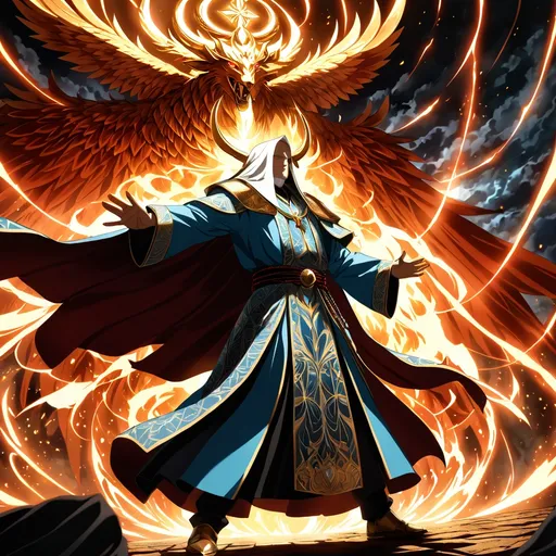 Prompt: Anime artwork of a wise and holy priest cleric, battling demons from hell, intense and focused gaze, detailed robes with intricate patterns, radiant holy aura, dramatic lighting, highres, ultra-detailed, anime, fantasy, intense battle, holy, detailed robes, dramatic lighting, radiant aura, demons, intense gaze